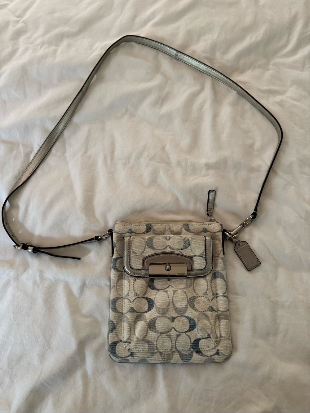 Coach White, Silver, Gray Signature Crossbody Pouch
